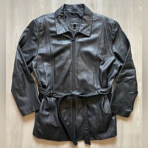 Vintage Outbrook Black Leather Trench Coat/ Belt / Pockets Sz 2XL